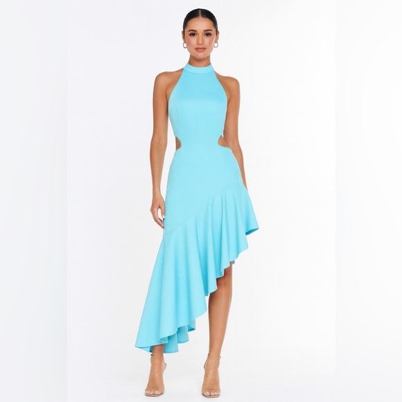 Elliatt Specter Asymmetric Sleeveless High Neck Dress in Aquamarine Blue - Picture 1 of 7
